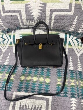 Structured Black Pebbled Leather Satchel with Gold Lock Detail